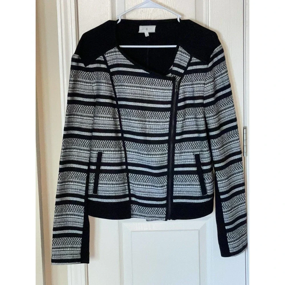 Women’s Lou & Grey Printed Asymmetric Fabric‎ Moto Jacket Size Large Black White